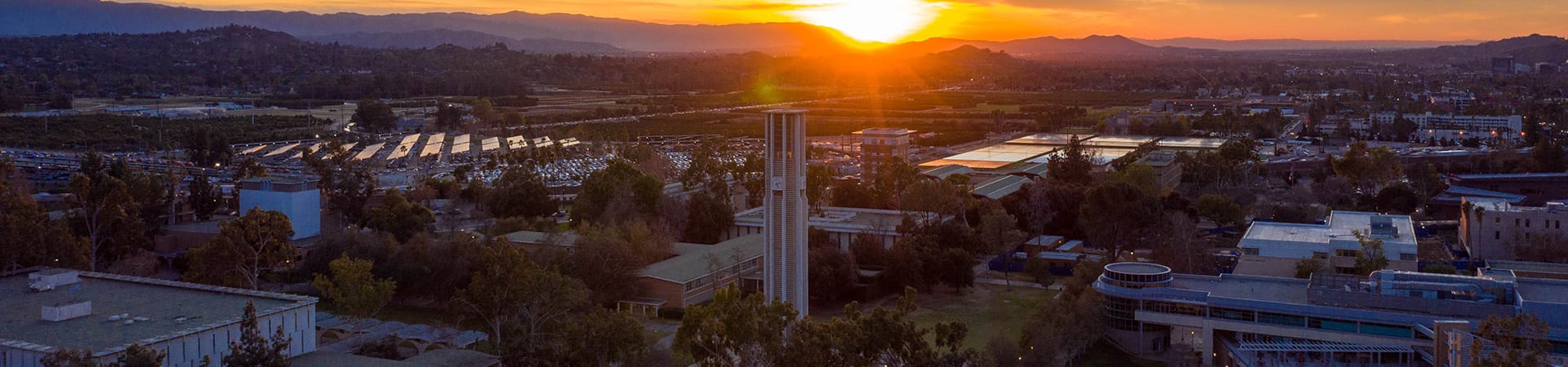 UC Riverside campus and bell tower at sunset
