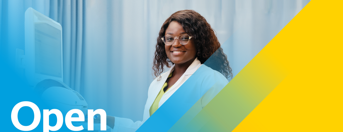 An African American woman dressed in a lab coat on an open enrollment banner for UC