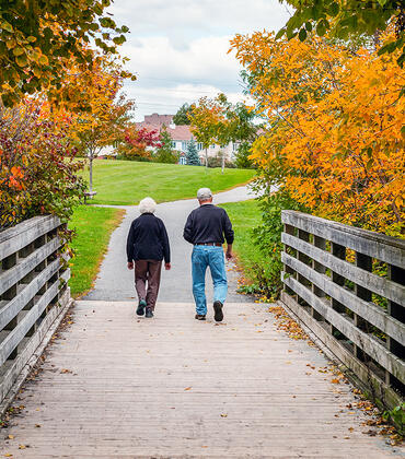 Elderly Couple Walking on a Path Across a Wooden Bridge in a Park